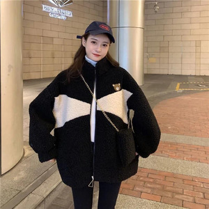 Women's Winter Loose Stand Collar Faux Fur Coat With Bear Design Warm Zipper Jacket White Gray Apricot Black - Product Image 2