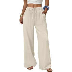 FOXA Women's Linen Palazzo Pants Wide Leg <b>Flowy</b> Beach Trousers Off White With Pockets Breathable Summer Wear - Product Image 1