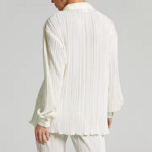 Conjunto de 2 piezas de vestido de lino para mujer con pantalón de pierna ancha de jacquard satinado de manga larga y camisa arrugada, estilo casual liso - Product Image 3