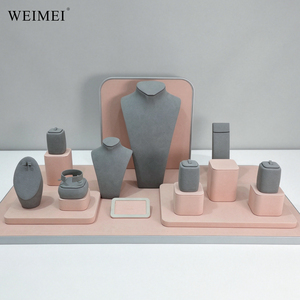 EIMEI OEM Gray Velvet Pink Base 12Pcs <b>Necklace</b> Bust Earring <b>Ring</b> Bracelet Holder Boutique Retail Jewelry Display Stand Set - Product Image 5