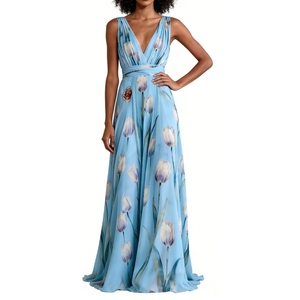 Abito lungo da <span class=keywords><strong>donna</strong></span> senza maniche con stampa tulipani, scollo a V, in chiffon, per serate ed eventi - Sehe Fashion - Product Image 1