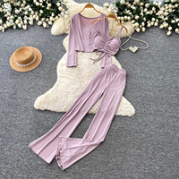 Ensemble 3 pièces côtelé pour femme : Cardigan à manches longues et col en V, débardeur froncé à cordon de serrage et pantalon évasé – Tenue décontractée d'été