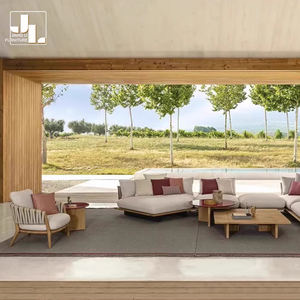 Juego de sofá de <span class=keywords><strong>teca</strong></span> para exteriores de Villa de estilo nórdico, sofá al aire libre de tela impermeable para Hotel, jardín, Patio, muebles - Product Image 3