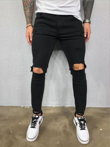 Nouveau Jean Droit Homme Tendance Transfrontalier Style Européen et Américain avec Trous Taille Élastique Tissu Denim Délavé Effet Usé - Product Image 4