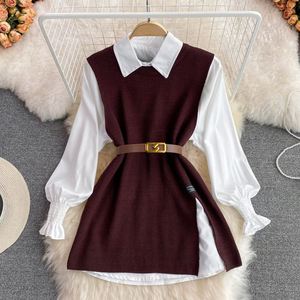Fashion Spring and Autumn Long Sleeve Ladies Two Piece <strong>White</strong> Shirt + <strong>Sweater</strong> Loose <strong>Knitted</strong> Vest Shirt Casual Set - Product Image 2