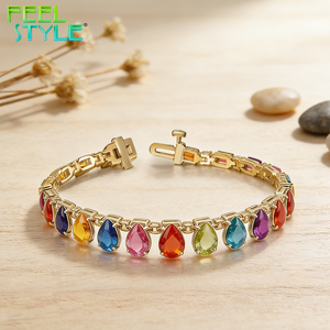 Pulsera de Acero Inoxidable 316 con Baño de Oro PVD Grueso, Diseño de Lágrima Arcoíris con Zirconia, Cadena y Brazalete Personalizables, Resistente al Deslustre - Product Image 3
