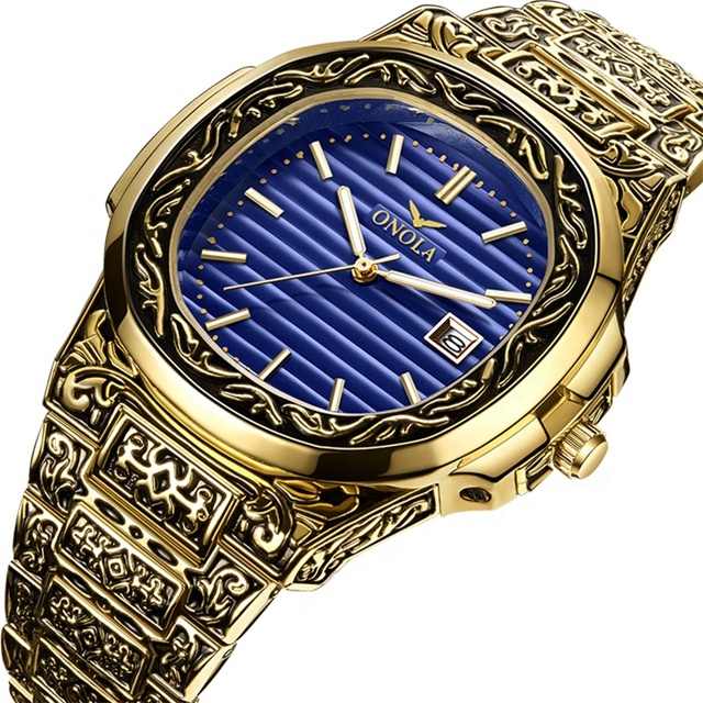 奢侈品牌onola复古金色不锈钢日期石英表reloj hombre