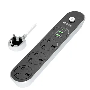 UK Standard Power Socket 3 Gang 2 Usb 1 Type-c Fast Charging Security Protection Extension Socket Black Power Strip with Switch