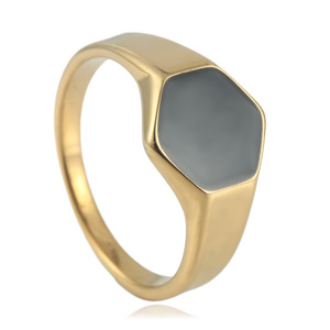 European American Style Women's Gold Hexagonal <b>Ring</b> Titanium Steel Black Epoxy Geometric Fashion Jewelry Gift 2401 - Product Image 1
