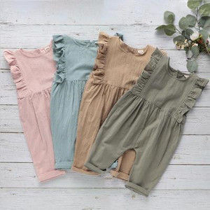 Combinaison d'été personnalisée en coton et <span class=keywords><strong>lin</strong></span> à volants pour fillette, vêtements pour enfants, combinaison-pantalon pour filles - Product Image 1