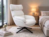Moderner Hochlehner-Drehsessel mit Weißem Stoffbezug, Freizeitsessel mit Schwarzer Metallbasis, Lounge-Sessel für Wohnzimmer