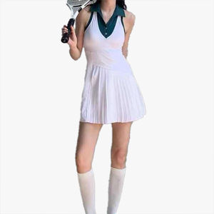 Customizable <b>White</b> <b>Women's</b> Sports Tennis Dress Quick Dry Running Badminton Pleated <b>Skirt</b> Set New Anti-Exposure Two-Piece Set - Product Image 1