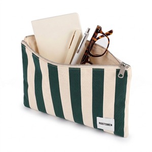 Large Flat Pouch Forest <b>Green</b> Ecru Stripe Cotton Canvas 32cm <b>Clutch</b> Makeup Bag Document Zip Pouch Custom Logo OEM - Product Image 1