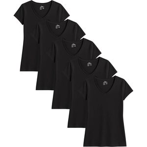 FOXA Camisetas de algodón elástico con cuello en V para mujer, manga corta, informales, básicas, color negro, paquete múltiple, talla M - Product Image 1