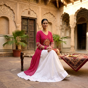 Conjunto de Lehenga Choli Navratri para Mujer Noiir Pigeon con Estampado Bandhani Leheriya y Parches Kutchi, Rayón Sin Arrugas - Product Image 1