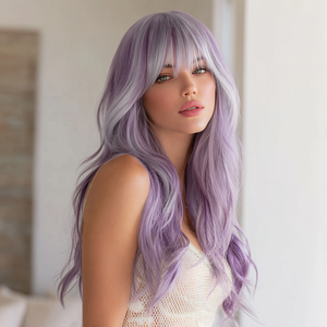 <span class=keywords><strong>Parrucca</strong></span> Sintetica Nuova Collezione 2026 per Donna, Onde Piccole, Frangia Naturale, Sfumatura <span class=keywords><strong>Rosa</strong></span> Viola, <span class=keywords><strong>Capelli</strong></span> Lunghi Ricci Modello Highlight - Product Image 1
