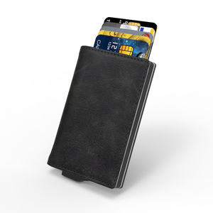 Porte-cartes en cuir véritable pour homme avec blocage RFID, portefeuille court minimaliste à fermeture pliante, noir - Product Image 6