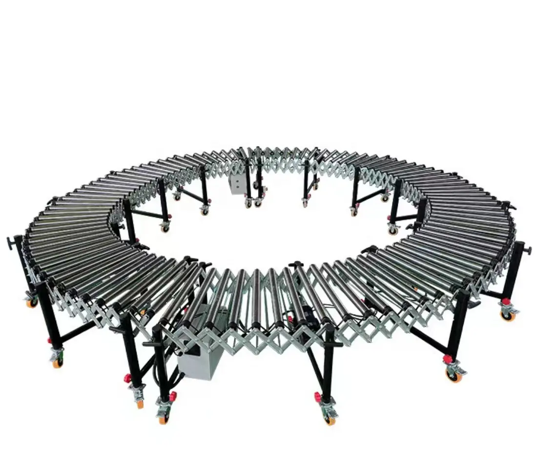 Gravity-driven flexible telescopic manual stainless steel roller conveyor for moving plastic skates.