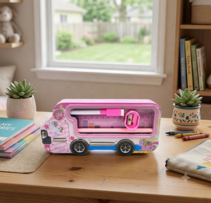Boîte de papeterie en métal multicouche personnalisable, motif voiture de dessin animé rose, forme irrégulière, avec logo personnalisé, impression personnalisée et OEM/ODM - Product Image 1