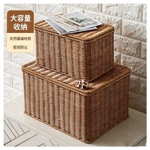 Woven Storage Box Rectangle <b>Stackable</b> Imitation Rattan Household Organizer Box For Neatening And Storage - Product Image 1