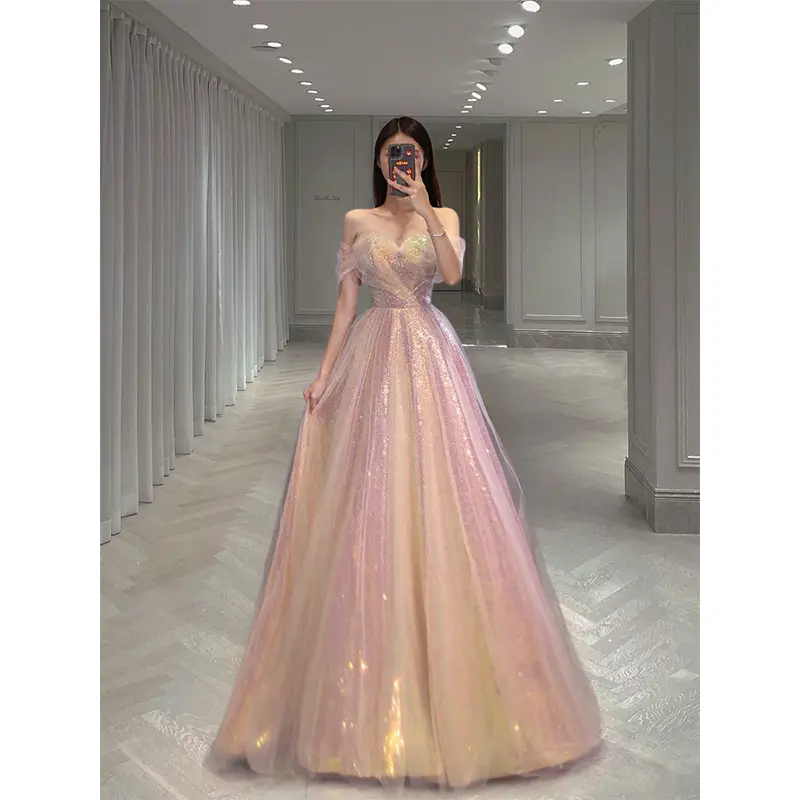 2022 Bridal Bridesmaid dress One-shoulder starry sky sequins prom annual meeting wedding evening dress party dresses
