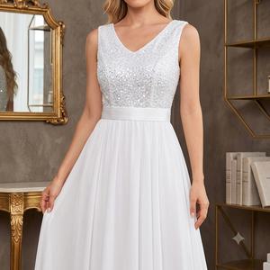 Wholesale White V-Neck Sleeveless Evening <b>Dress</b> A-Line <b>Maxi</b> Gown Sequin Embroidered Formal Party <b>Dress</b> Custom Design - Product Image 2