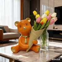 Statue d'ours en résine avec vase à fleurs, ornement moderne pour la maison, figurine d'ours orange avec vase
