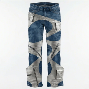 Jean droit femme Wangsheng en denim bleu délavé avec empiècements argentés et découpes, <span class=keywords><strong>pantalon</strong></span> cargo multi-poches style techwear futuriste - Product Image 1