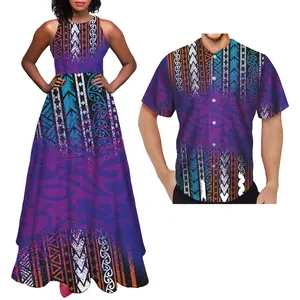 Purple Design Couple Match Clothes Polynesian Design Print Men Shirt and Ladies Sleeveless Dress Tribal Design Couple Clothing