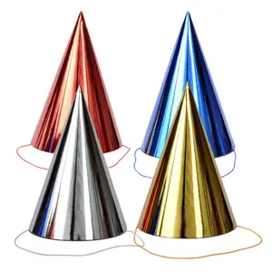 Nieuwe Gelukkige Verjaardag Kids Kinderen Volwassenen Metallic Papier Party Hoed 4pk Met String