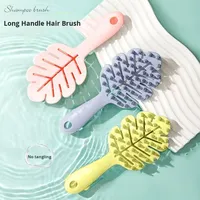 Brosse de bain Zhuoke modèle 958 double usage, exfoliante, à dents larges, pour nettoyage des cheveux, avec long manche creux, en plastique, forme de feuille, pour utilisation sèche ou humide