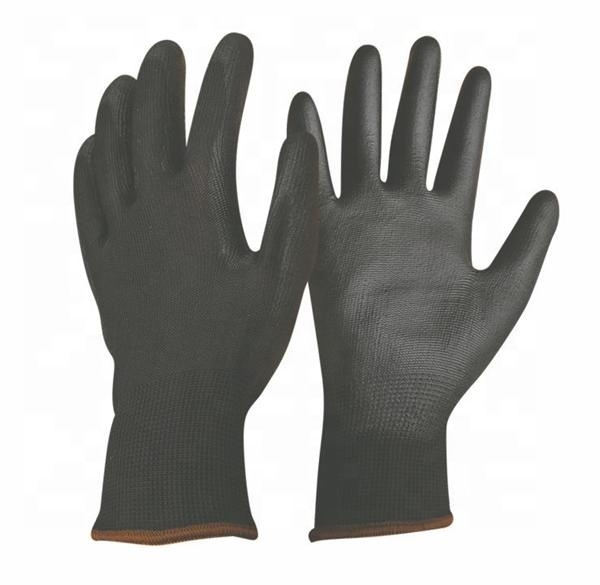 OEM Black PU Work Gloves Machine Knitted Shell Palm PU Coated Gloves Light Weight Assembly Black PU Gloves