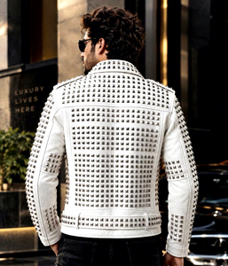 Blouson moto en cuir PU blanc pour homme, décoré de rivets, fermeture éclair, col rabattable, coupe ajustée, pour l'automne - Product Image 4