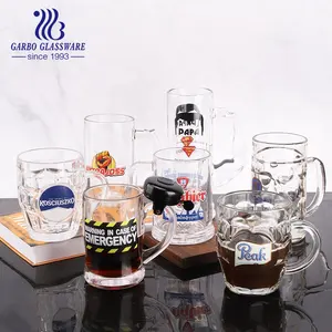 Tazas de vidrio de cerveza, calcomanía con logotipo, taza con asa, Stein de vidrio alemán, taza de cerveza, taza de base pesada, cristalería impresa para beber