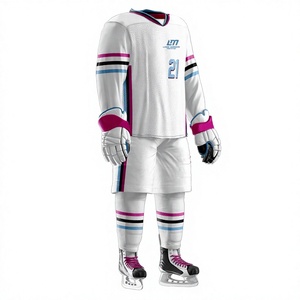 Uniforme de hockey sur glace LM pour hommes, blanc, rose, bleu, à rayures, impression par sublimation, respirant, 100 % polyester, fusion sans couture par détection de pointes - Product Image 4