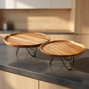 Plateau décoratif rond en bois d'acacia avec pieds en métal, plateau de présentation surélevé, plateau de service pour la décoration de la maison et des fêtes - Product Image 2