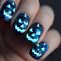 Faux ongles courts Halloween à motifs de dessins animés, fantôme bleu, citrouille et feu lumineux, 24 pièces, amovibles et à presser (personnalisables)
