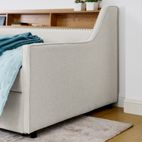 Sofá Cama Individual Tapizado en Lino con 3 Luces LED, Cabecera con Almacenamiento, Patas Plegables, Cama Nido Extraíble y Carga Inalámbrica
