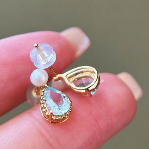 Boucles d'oreilles Xinfly en or véritable 18 carats avec perle d'eau douce et aquamarine, cadeau pour femme - Product Image 3