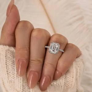 925 Moissanite Diamond 2.5 Carat Fancy <b>Emerald</b> Cut Halo Engagement <b>Ring</b> for Women in Sterling <b>Silver</b> White Gold Plated - Product Image 2