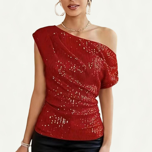 Canal 6 couleurs asymétrique paillettes minceur élégant fête chemises Blouses pour femmes une épaule Sequin brillant hauts - Product Image 3