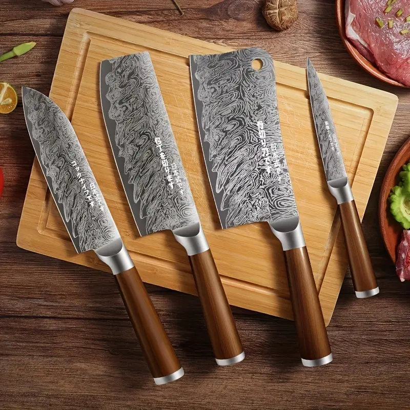 Damascus Pattern Kitchen Knives Set Japanese Style Chef Knife Utility Slicing Chopper Knife with Stainless Steel Handle
