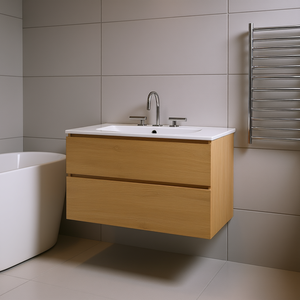 Meuble-lavabo mural moderne de 30 pouces en chêne naturel avec vasque en céramique et grand rangement, design flottant - Product Image 2