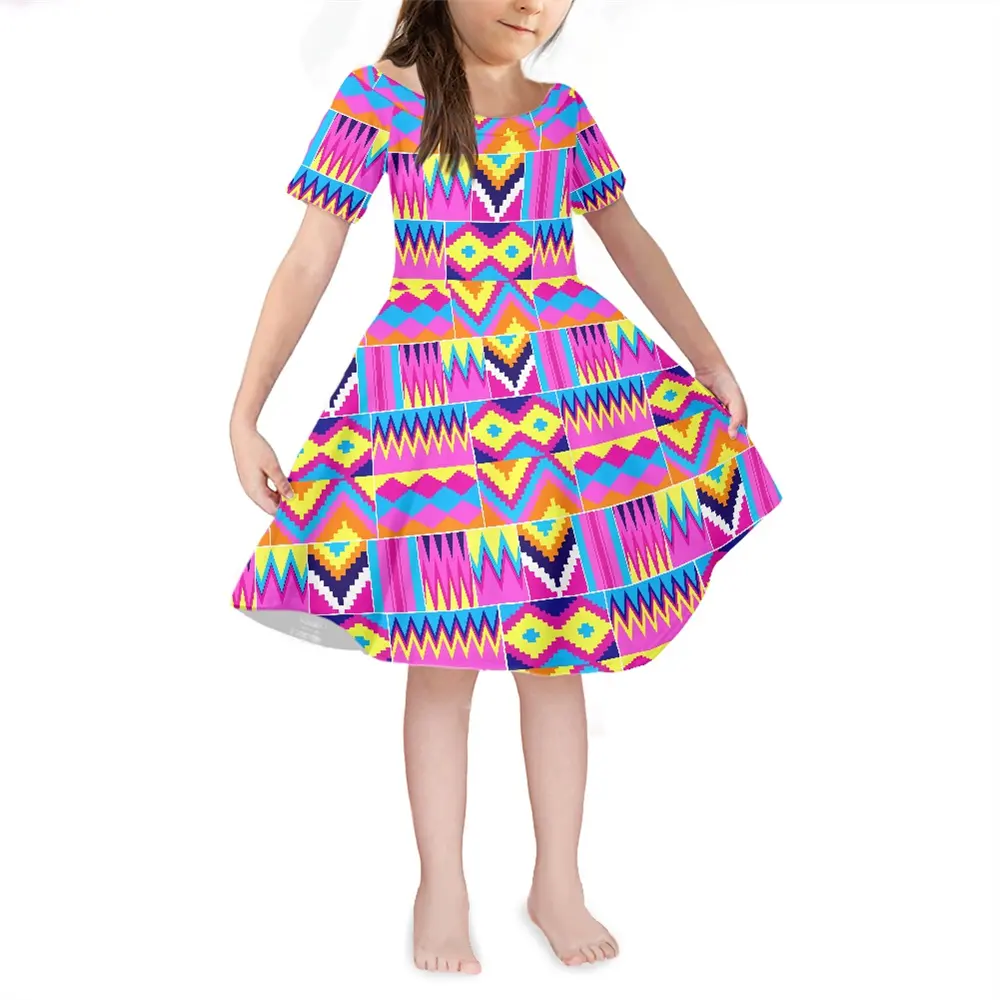 Summer Short Sleeve Kids Party Dresses Lovely African Kente Wax Print Knee Length Dress Pink Kids Dresses For Girls POD