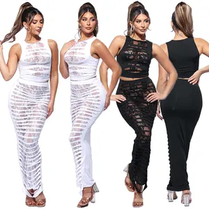 factory direct supply new fashion women clothing summer outfit 2 pieces Laser cut out lace lined maxi skirt set