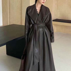 Maxi <span class=keywords><strong>Trench</strong></span> <span class=keywords><strong>in</strong></span> <span class=keywords><strong>ecopelle</strong></span> con Silhouette drappeggiata, elegante abito Vintage da pendolarismo da <span class=keywords><strong>donna</strong></span> con risvolto a scialle - Product Image 3