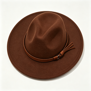 Chapeau Fedora en feutre de laine marron avec bande en cuir, style Panama à large bord uni, pour hommes et femmes, vintage, pour fêtes jazz, toutes saisons - Product Image 3