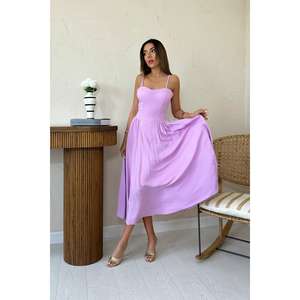 ชุดราตรีทรงเอไลน์ผ้าซาตินสีไลลา คอเหลี่ยม เอวธรรมชาติ แต่งระบาย สวยสง่า - Product Image 6