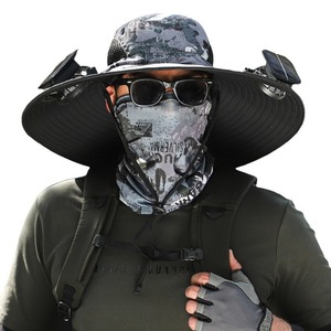 Alta calidad verano energía Solar aventura amigo al aire libre transpirable diseño pescador sol ala grande cubo gorras sombreros con ventilador - Product Image 1
