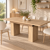 Table à manger extensible moderne en bois massif 4-8 places, finition chêne, avec rallonge amovible et pieds en colonne ondulée